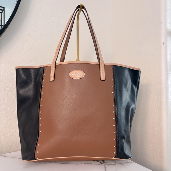 Coach Metro Colorblock City Tote Studded Brown and Black Bag - Picture 1 of 11